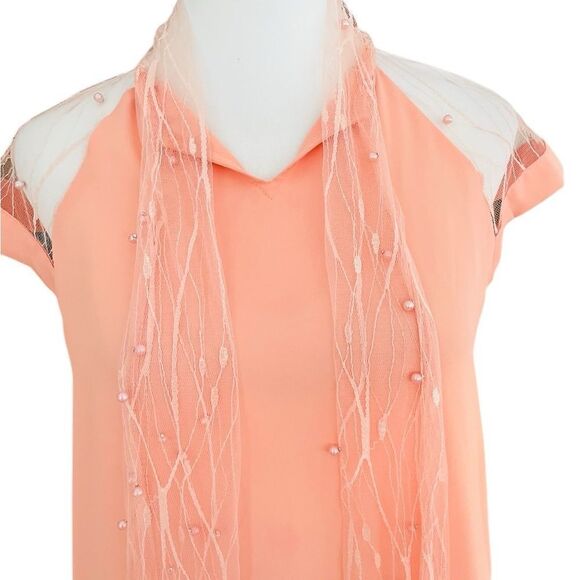MUGLER peach blouse with front lace & pearl tie, lace shoulders size 6. - Picture 2 of 9